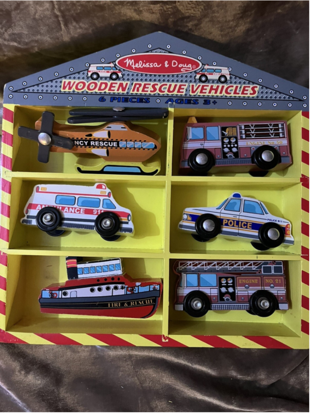 Melissa & Doug Wooden Rescue Vehicles Firetruck Police Car Educational Toy